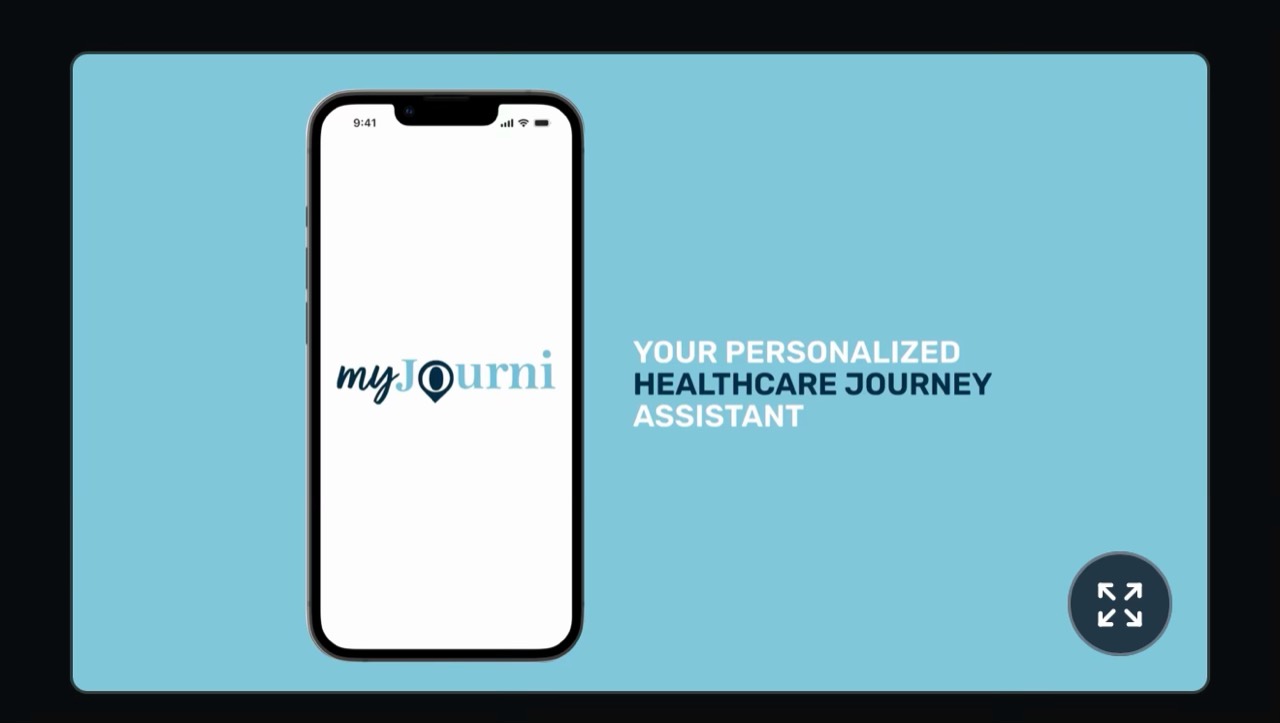 myJourni phone mockup on cyan with the headline Your personalized healthcare journey assistant